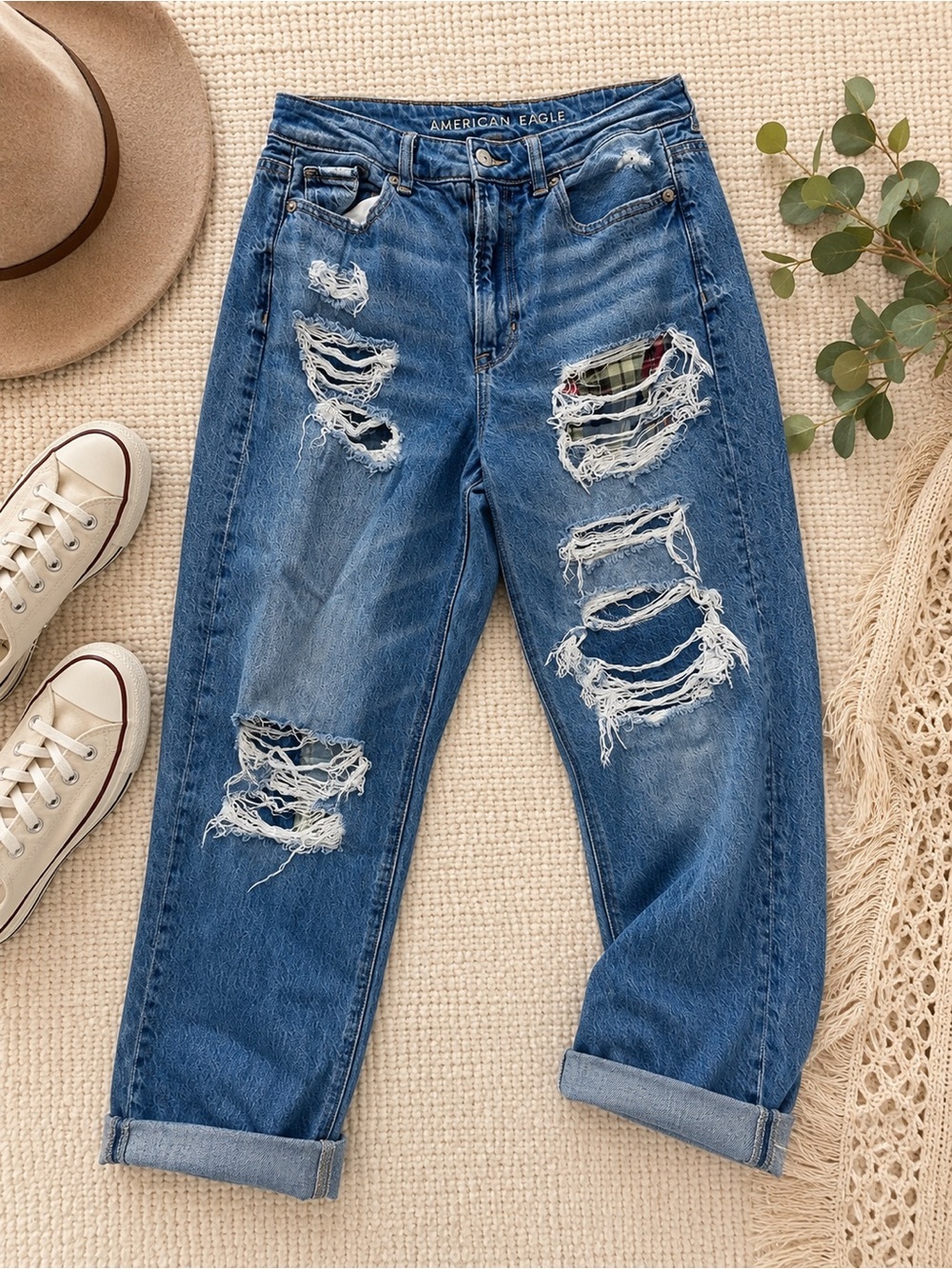 American Eagle Outfitters Ripped Patchwork Straight Mom Jeans
